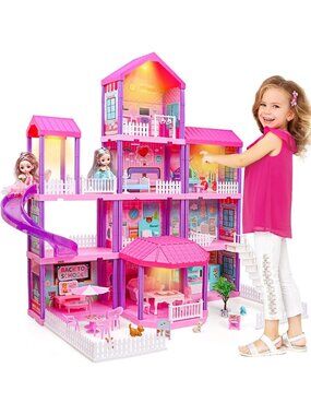 Spacious 4-Story Dollhouse with 11 Rooms, 2 Dolls & LED Lights - Perfect Gift!